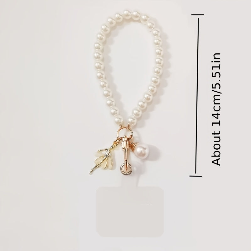 New Fashionable Women's Imitation Pearl Short Mobile Phone Lanyard Wrist Strap, Butterfly Beads Keychain, Mobile Phone Strap, Bag Pendant, Small Gift